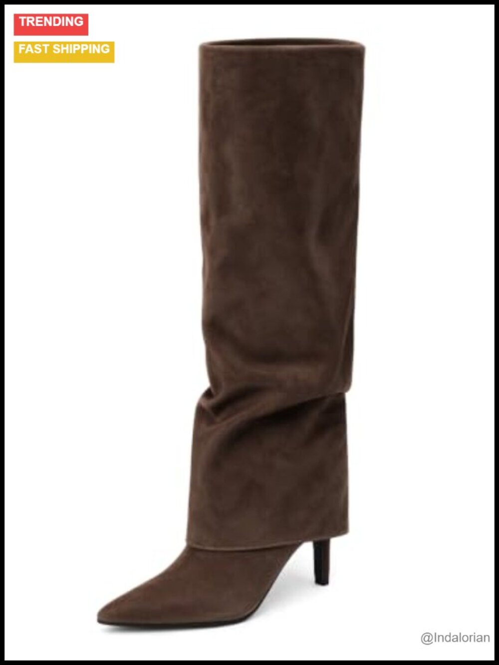 Coutgo Women's Slouchy Knee High Boots Faux Suede Pointed Toe Kitten Heel
